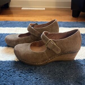 Dansko Sandra Mary Jane Wedge Shoes in taupe suede